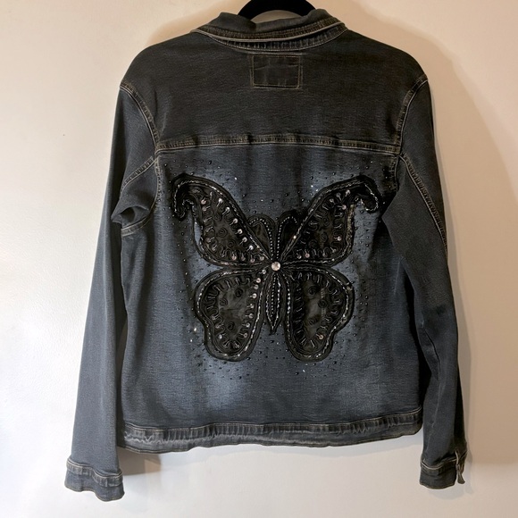 Sassy Thai Denim Jean Jacket Embellished Butterfly Embroidered Lace Size Large - Picture 8 of 13